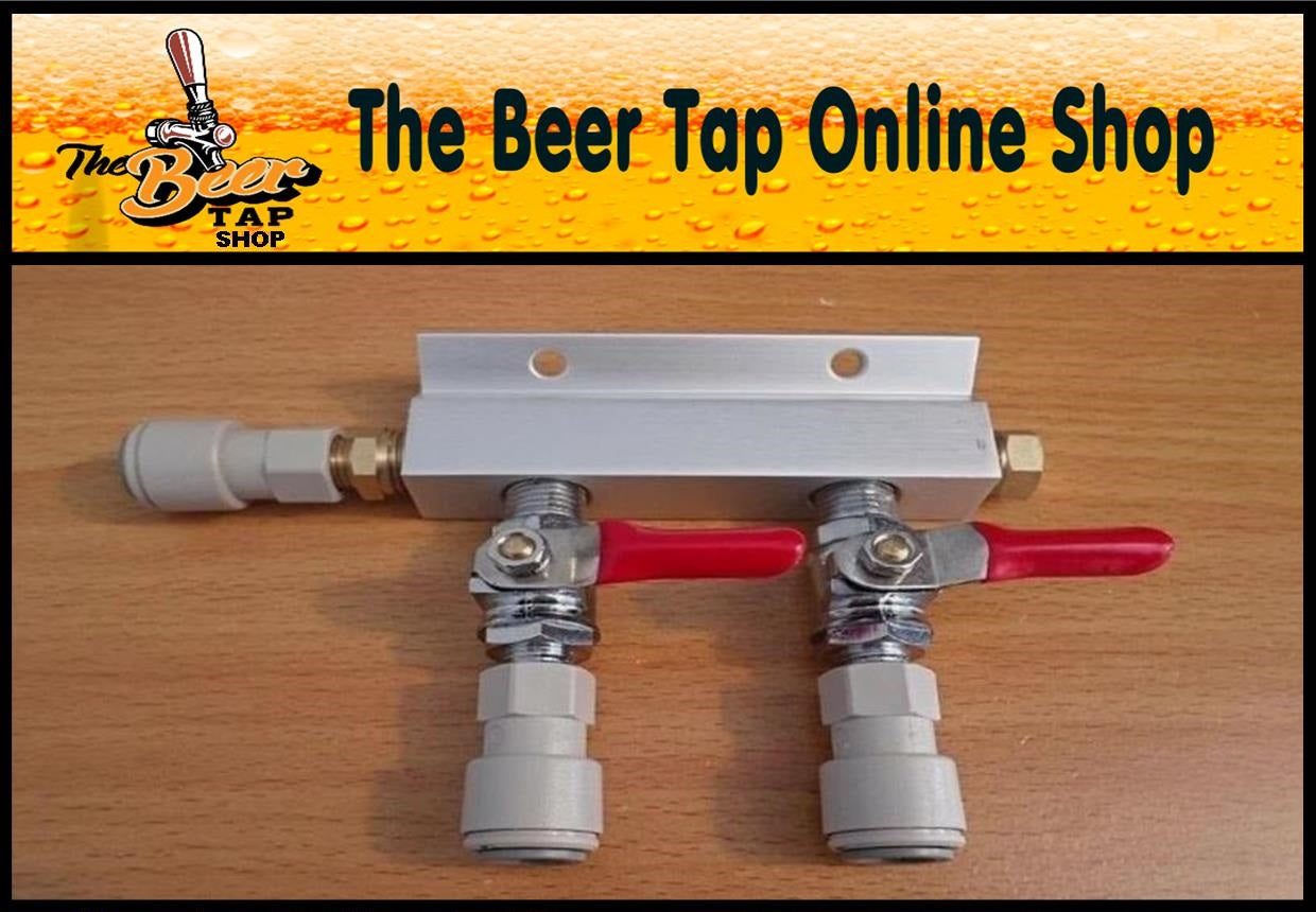 2-Way Splitter CO2 Beer Gas Manifold - JG 3/8" Push-Fit or 1/4" Barb Swivel Nut
