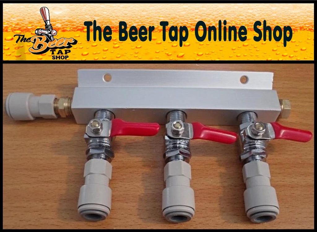3-Way Splitter CO2 Beer Gas Manifold - JG 3/8" Push-Fit or 1/4" Barb Swivel Nut