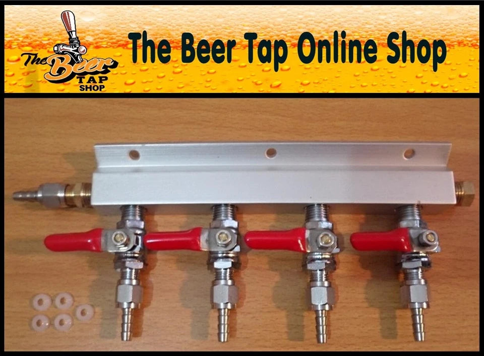 4-Way Splitter CO2 Beer Gas Manifold - JG 3/8" Push-Fit or 1/4" Barb Swivel Nut.