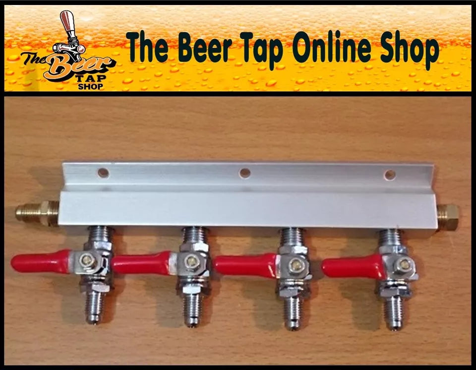 4-Way Splitter CO2 Beer Gas Manifold - JG 3/8" Push-Fit or 1/4" Barb Swivel Nut.